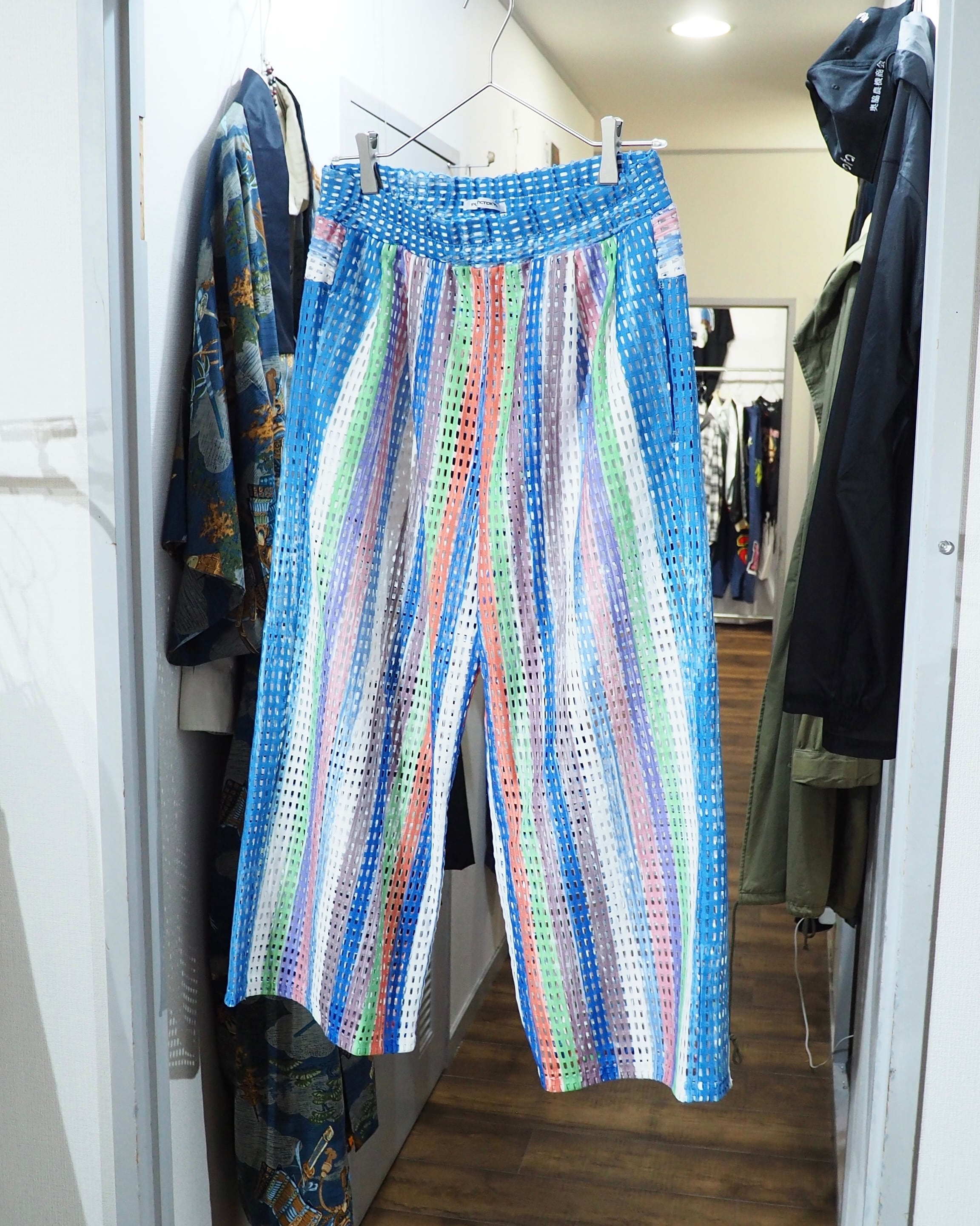 16SS " PLASTIC TOKYO " Multi Color Stripe painted Sheer Wide Pants