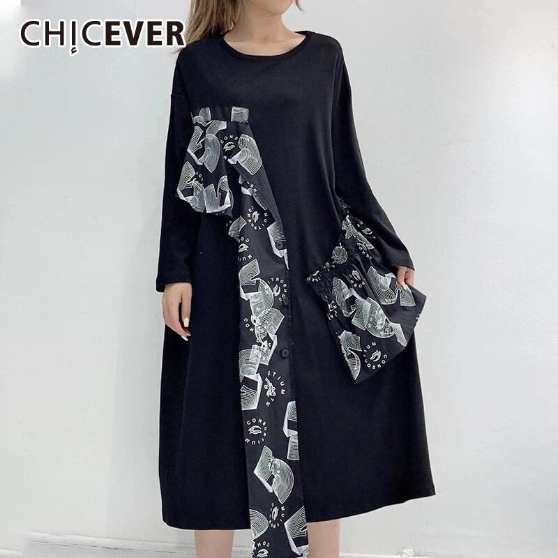 CHICEVERパッチワークルーズレディースドレスOネック長袖プリントアップリケヴィンテージブラックドレス洋服2020タイド ロング ビンテージ 6base54800357136