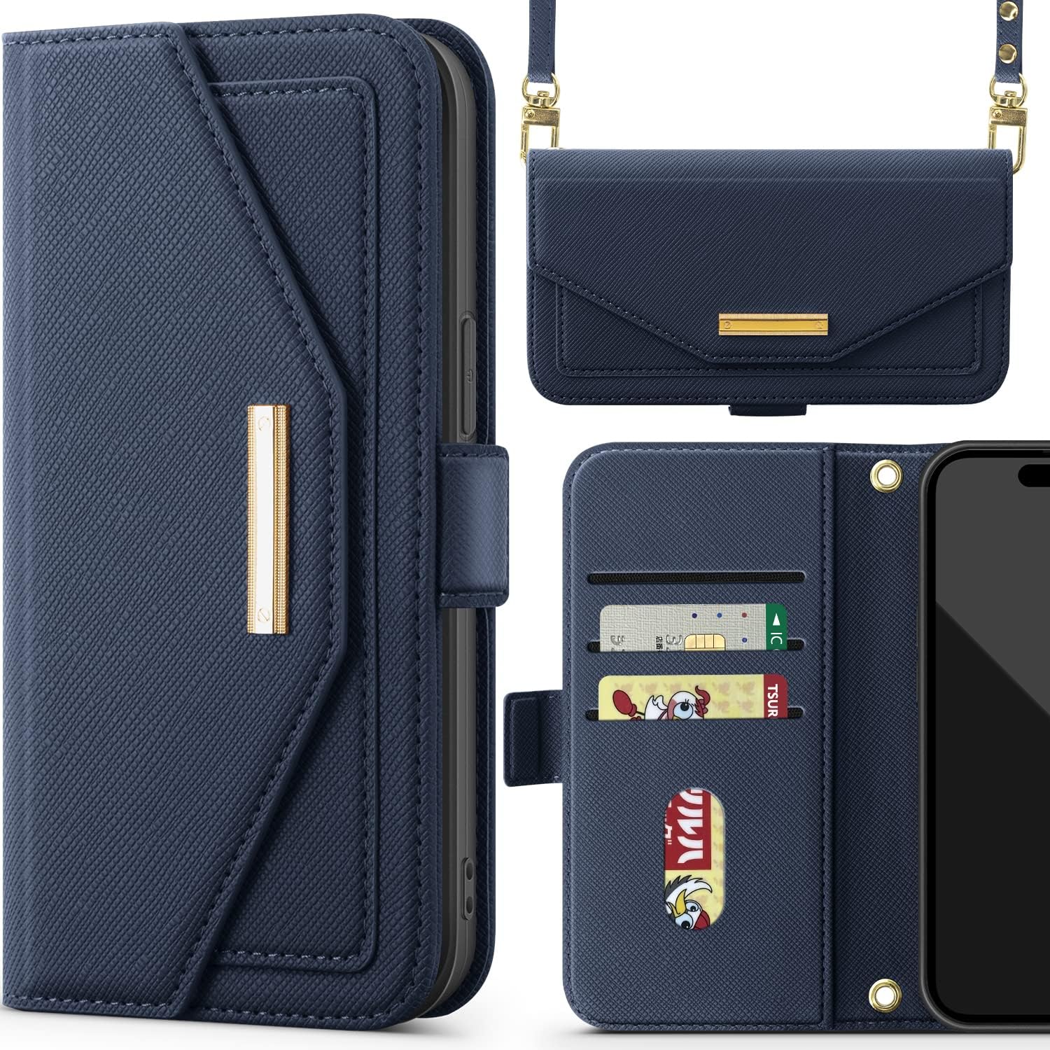 NODALA iPhone 16 Pro 用 ケース 手帳型 ショルダー カード収納 財布型 高級PUレザー ブルー