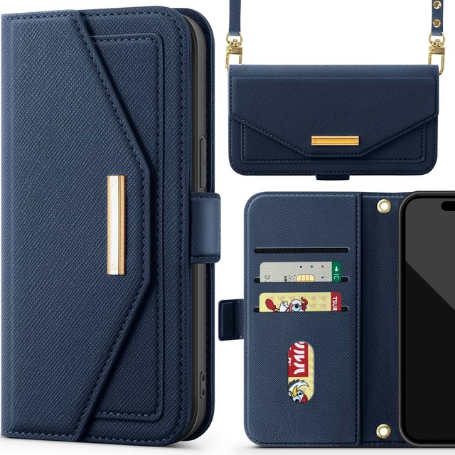 NODALA iPhone 16 Pro 用 ケース 手帳型 ショルダー カード収納 財布型 高級PUレザー ブルー