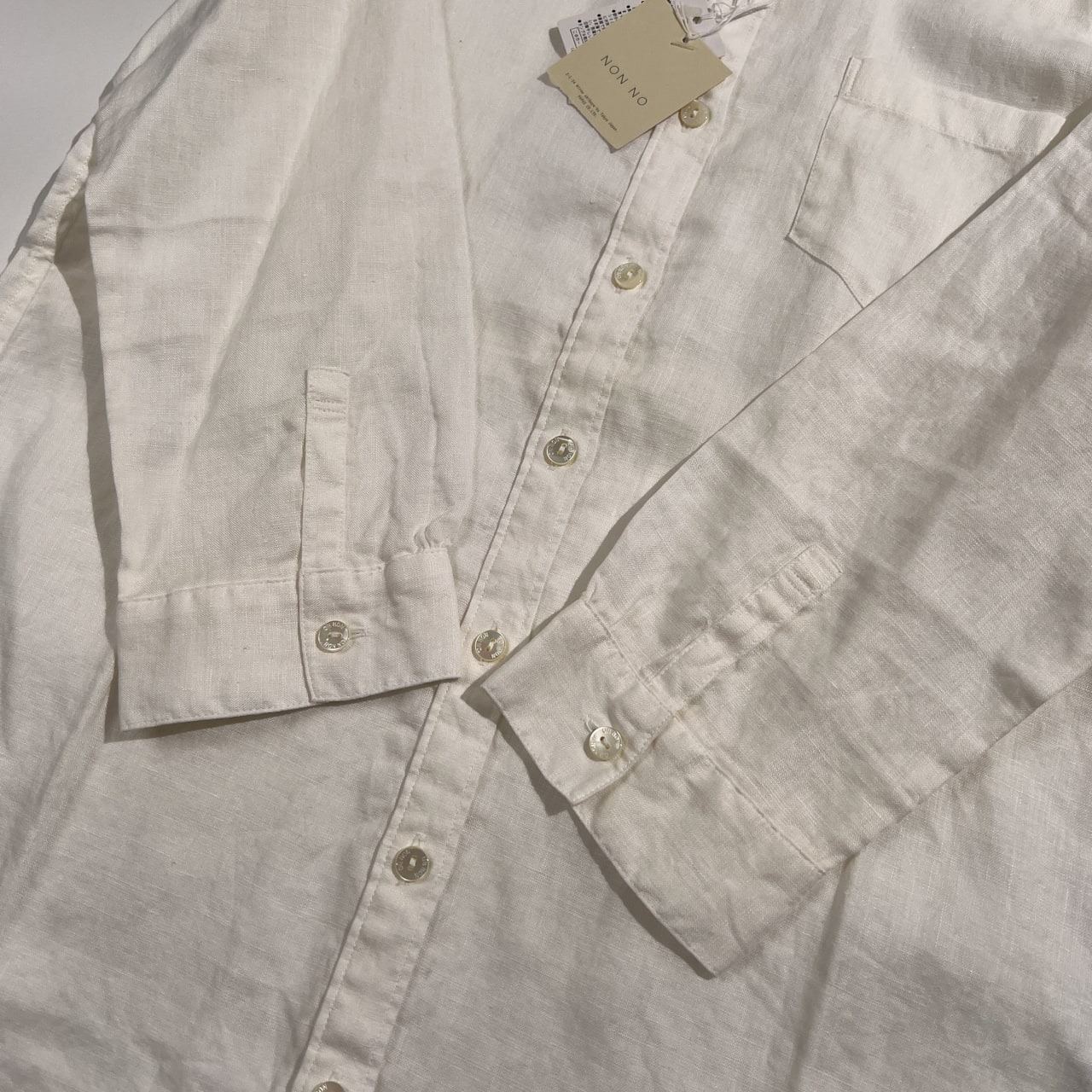 タグ付き 麻100% Mademoiselle NON NON マドモアゼルノンノン 長袖 ロング リネンシャツ サイズ M /ホワイト/日本製