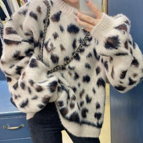 ニットセーター レディース トップス ニット セーター プルオーバー 長袖 ゆったり ルーズ オーバーサイズ レオパード柄 ヒョウ柄 アニマル柄 ラウンドネック カジュアル お出かけ おしゃれ 女性