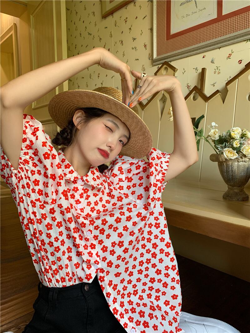 夏服韓国ファッションスタイルスリーブFlowerデザイン シャツ 大人