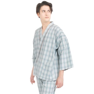 患者着 上下セット 男女兼用 部屋着 作務衣 パジャマ リラックスウェアー リネン対応  チェック S M L LL 3L サイズ  浅葱