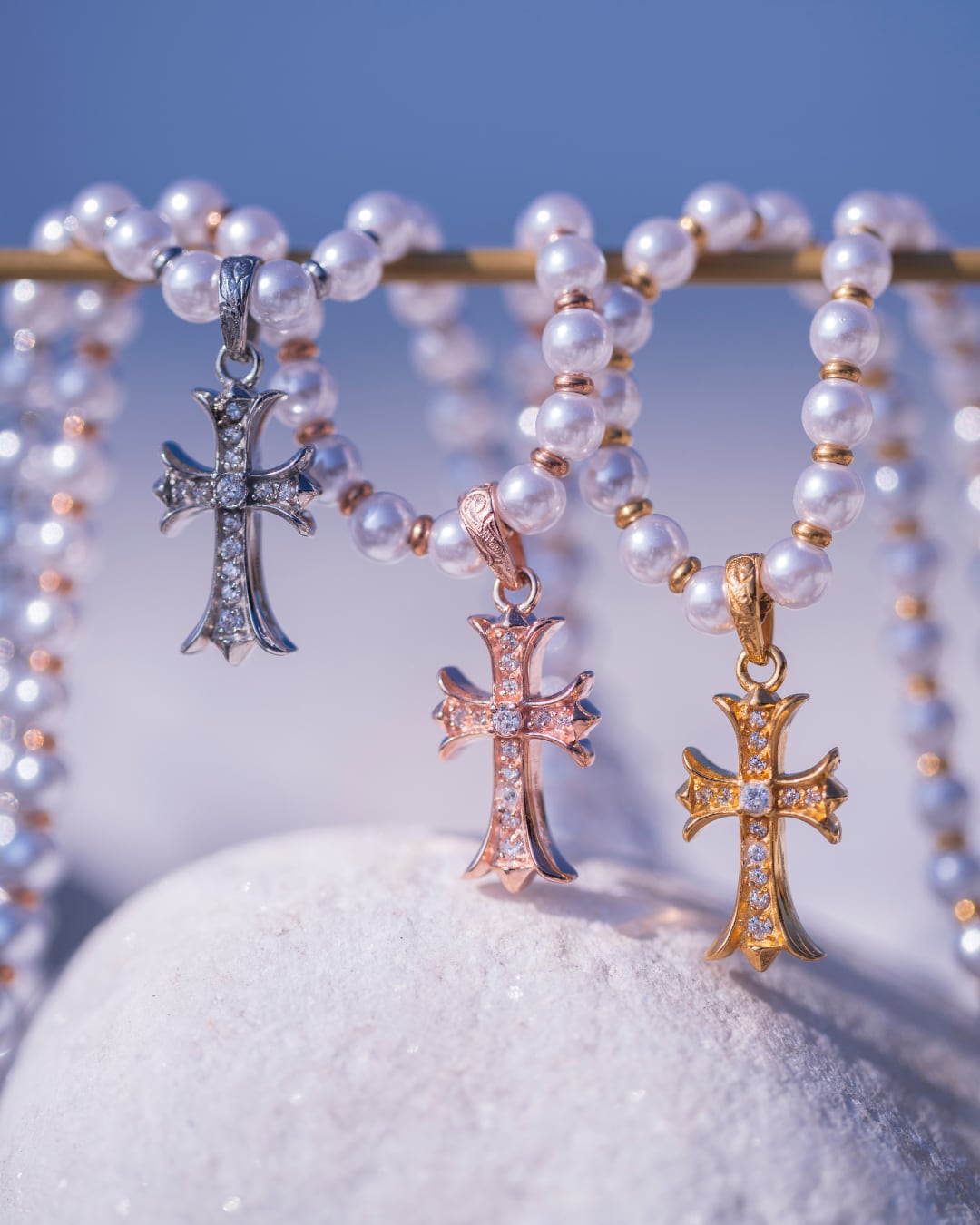 Pearl×mini cross CZ necklace