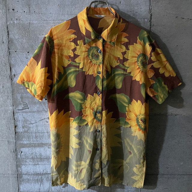 〖vintage〗sunflower pattern design shirt/ひまわり 総柄 デザイン シャツ/msize/#0328
