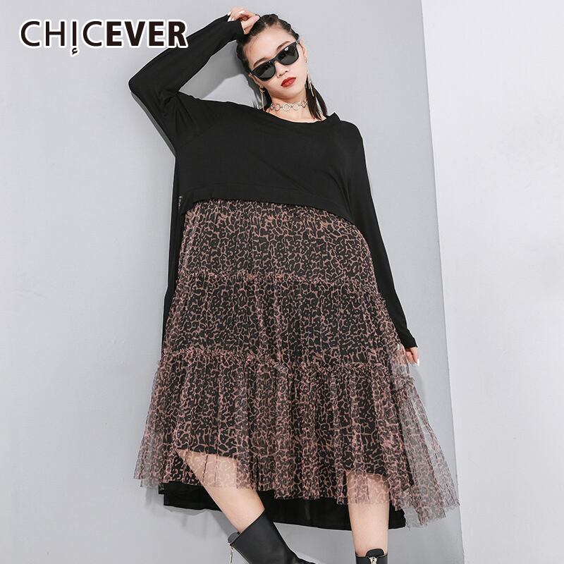CHICEVERパッチワークヒョウドレス女性Oネック長袖特大ヒットカラールーズミディドレス2020秋 ロング オータム 秋物 6base542973360461
