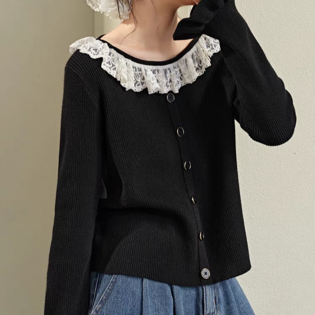 lace top black knit sweater with design