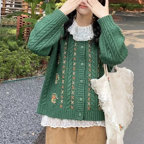 ラインフラワー刺繍ニットカーデ ・12054