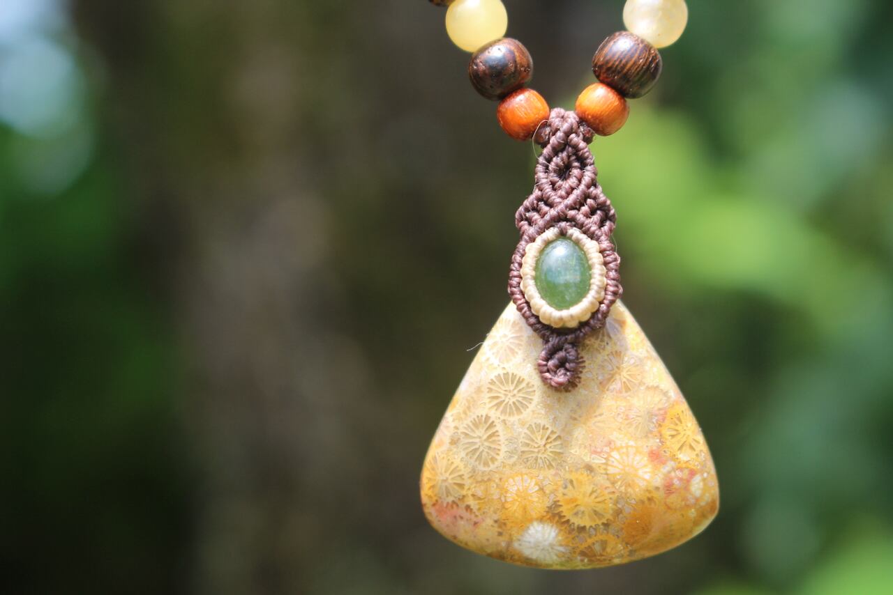 Fossil Coral & Green Tourmaline micro macrame woody pendant