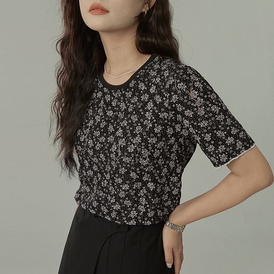 小花柄 半袖クルーネックTシャツ 00104