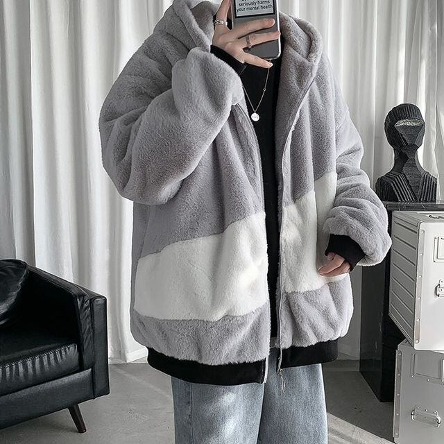 【予約販売】ボアブルゾン メンズ バイカラー フード付 モノトーン ショート丈 ビッグシルエット オーバーサイズ グレー ホワイト コート ジャケット 防寒 お洒落 こなれ感 ベーシック 秋冬 大きいサイズ M/L/XL/2XL