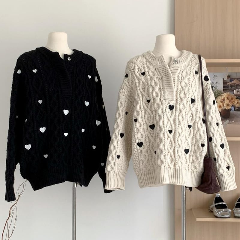 【tops】ハート刺繡柄ニットトップス Q7360