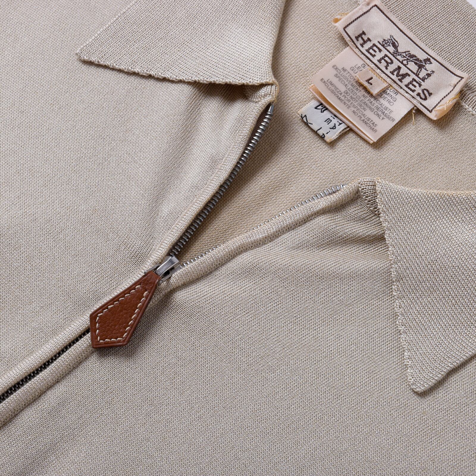 HERMES エルメス ハーフジップ ニットポロ カシミヤ シルク レザープル 極美品】Hermes silk Knit polo half zip made in Italy size L beige