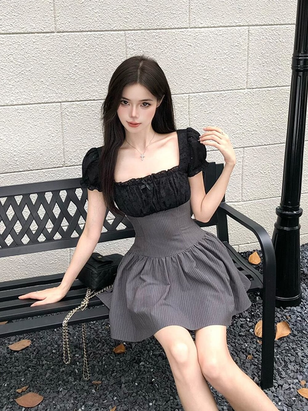 #大人可愛い|ダブルファブリックアセンブルスクエアネックミニワンピース