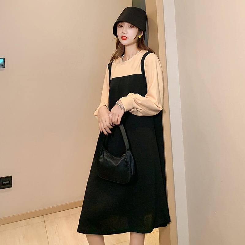 【新作】【送料無料】 マタニティウェア2020春秋新作ファッションステッチフェイクツーピースドレスルーズミドル丈トレンディマタニティドレス-アリババ スプリング 春物 オータム 秋物 expec288201210053