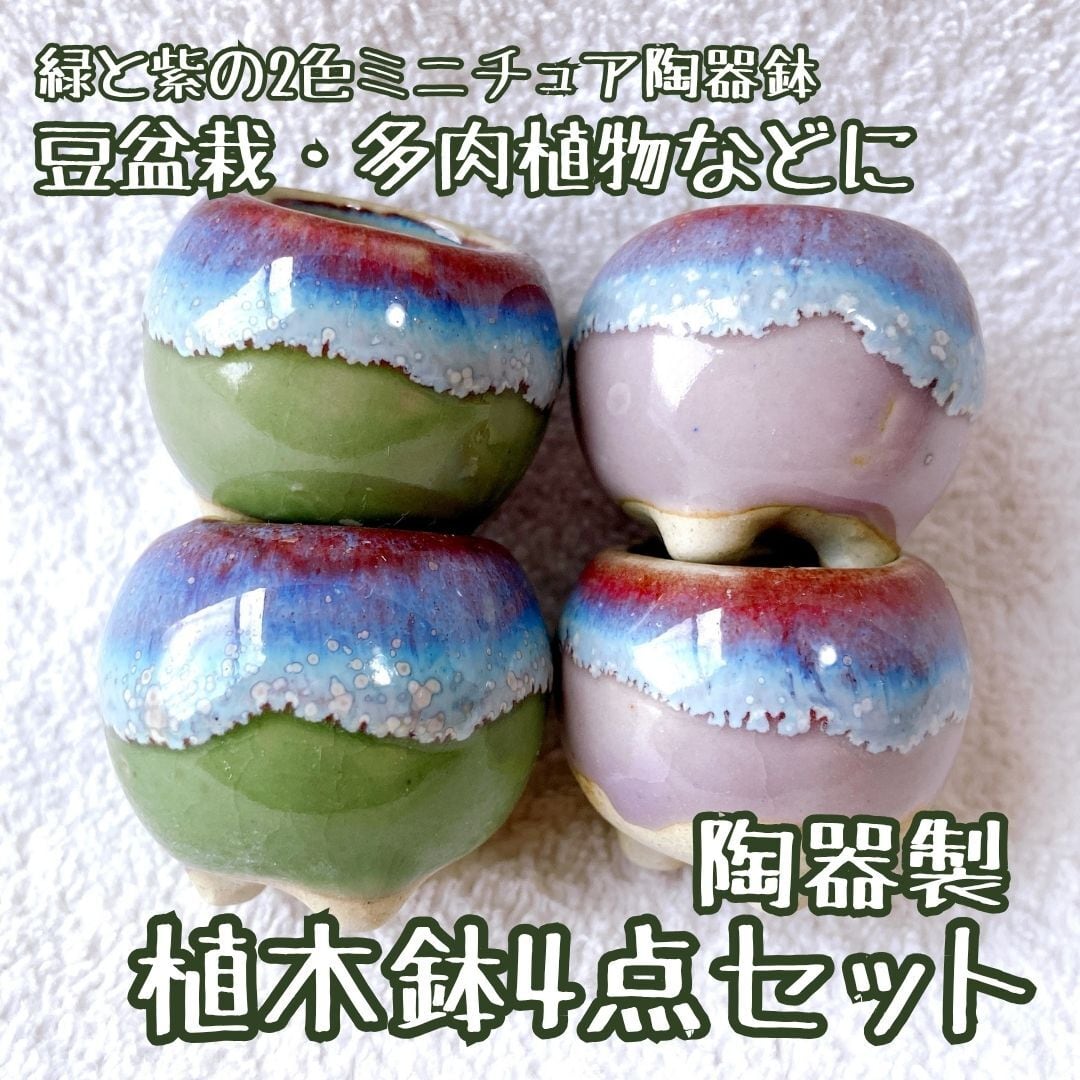 お得4点セット！ 緑色と紫色のミニチュアサイズの陶器植木鉢】 豆盆栽