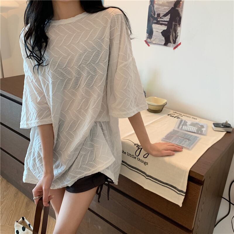 カラーラウンドネックTシャツ サマールーズ薄手トップス 夏物 Oネック クレセントシティ77824866998