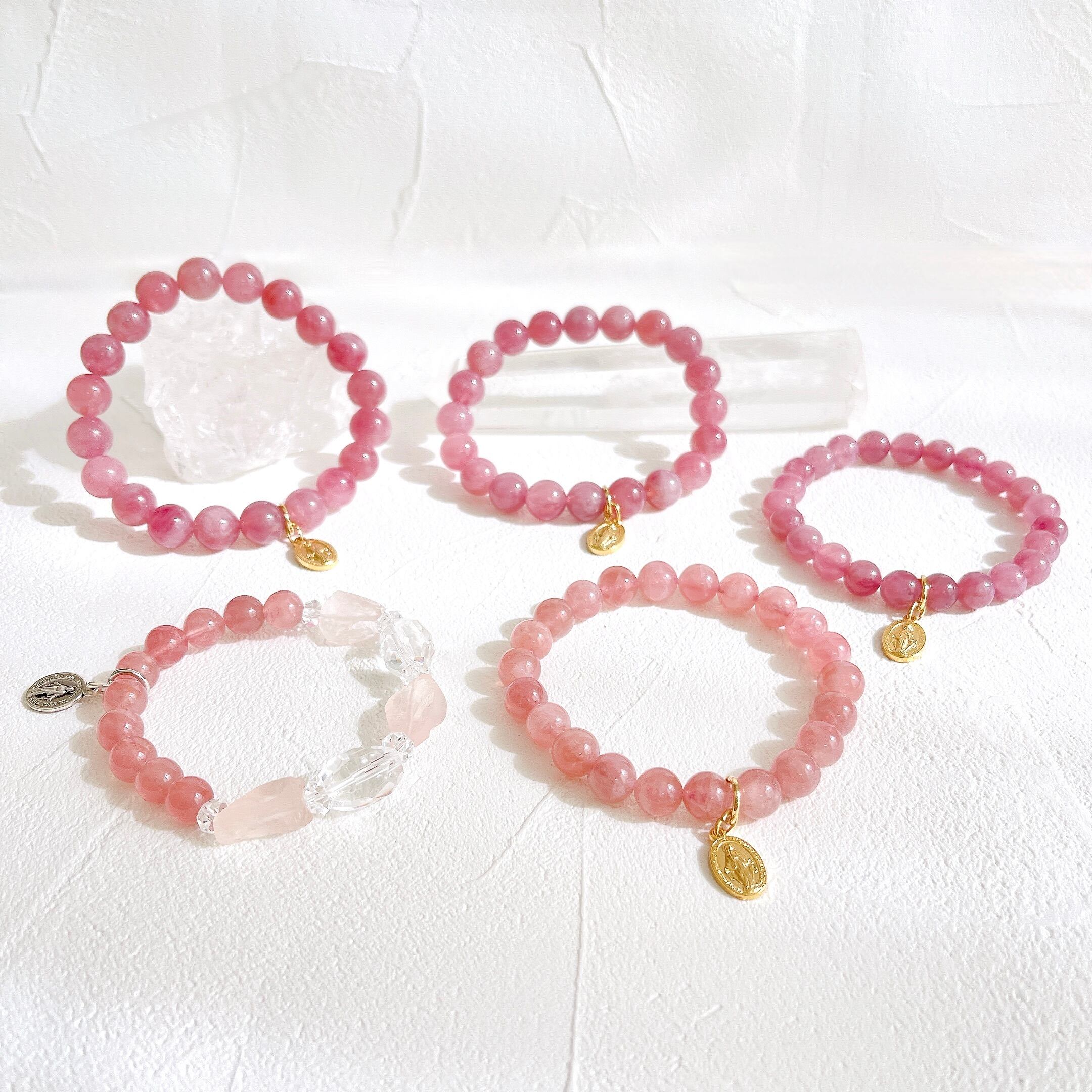 ドット柄ローズクォーツetc.ブレスレット＆チャームセット
