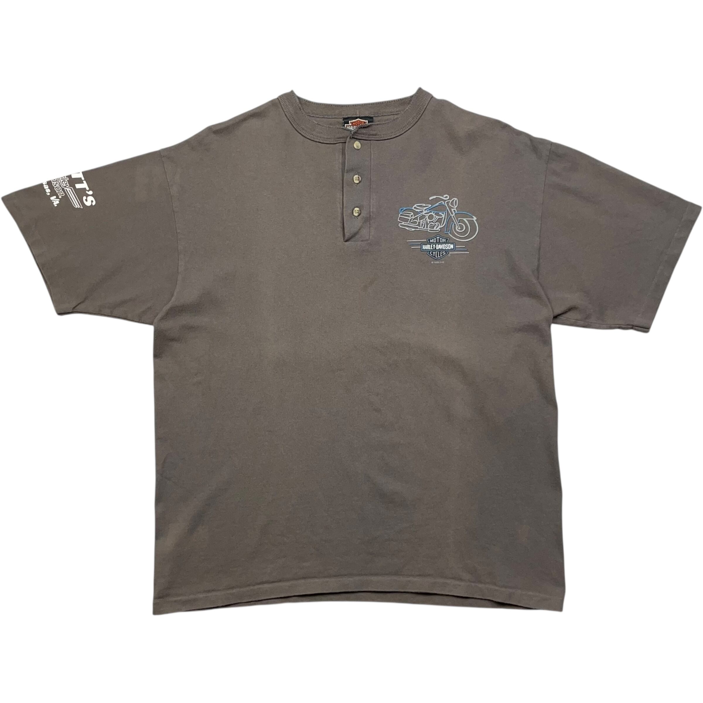 《L》 Harley-Davidson ハーレーダビッドソン Tシャツ ワンポイント 袖プリント ヘンリーネック シングルステッチ USA製 90年代 vintage no.7578