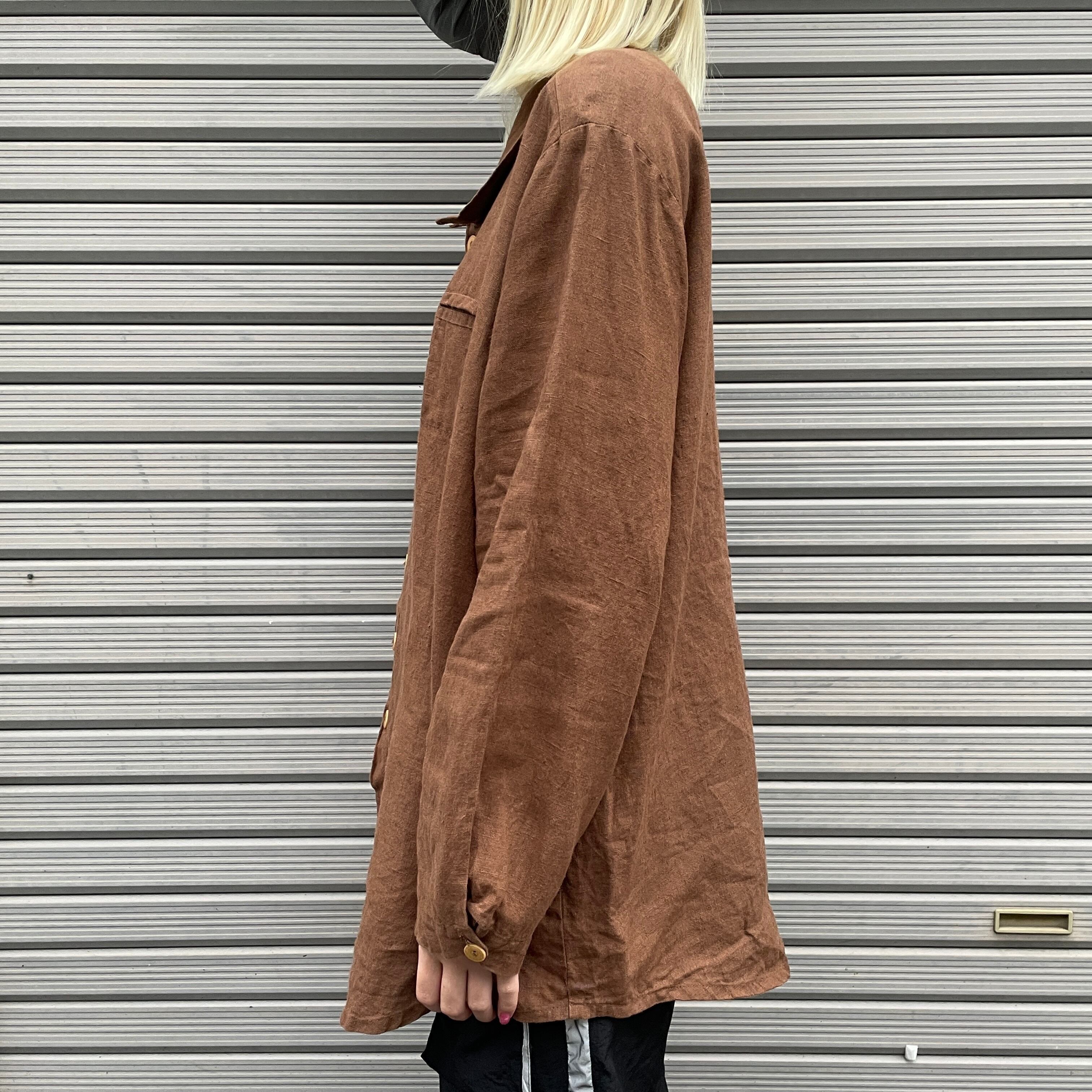 FLAX スタンドカラー 長袖 リネンシャツ メンズL相当 古着 ブラウン