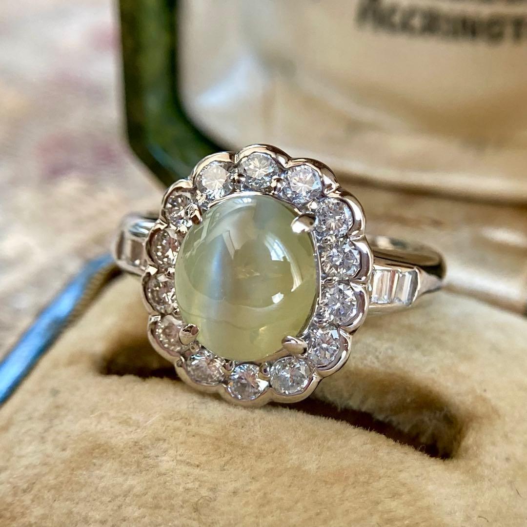 pt900 ミルク＆ハニー クリソベリルキャッツアイ3.27ct ダイヤ指輪