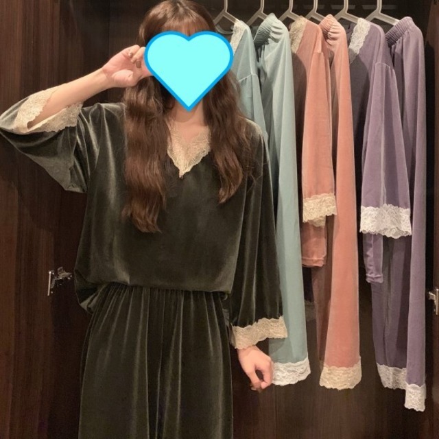 春秋 長袖 ベルベット ルームウェア パジャマ レース ツーピース くすみカラー