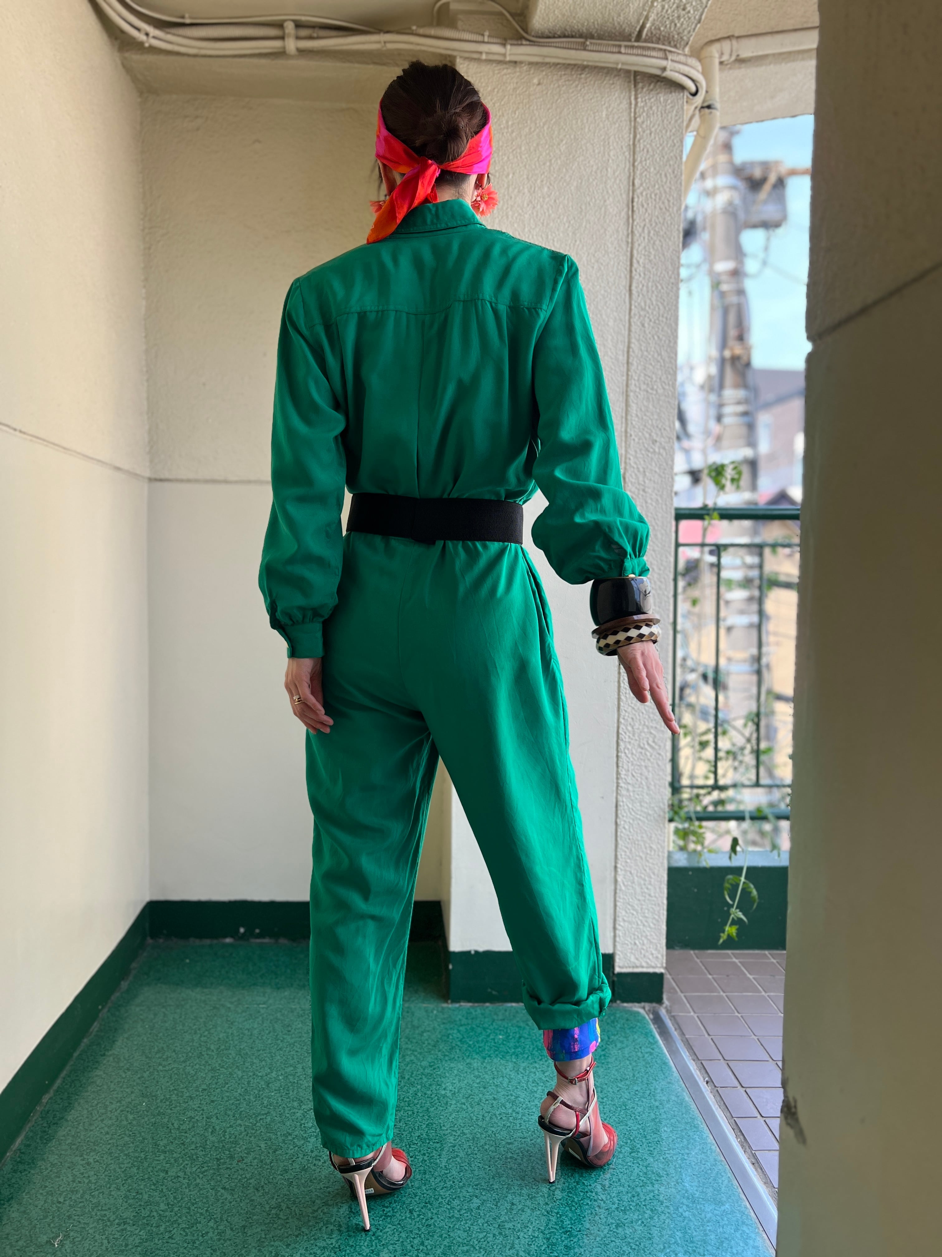 80s green silk simple jumpsuits ( ヴィンテージ グリーン シンプル