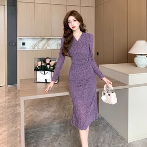 【送料無料】 ロングワンピ マーメイド ひざ丈 長袖 Vネック Aライン フレア プルオーバー 透け感 エレガント 可愛い 大人可愛い きれいめ シンプル カジュアル シック コンサバ 華やか 大人 上品 おしゃれ お洒落 主役級 こなれ感 高見え 冬 レディース 女性用 ママ 20代 30代 40代 デート お出かけ 女子会 お呼ばれ 休日 お茶会 授業参観 着回し 普段使い ファッション コーデ スタイル 楽ちん 体型カバー 美脚 脚長 定番 垢抜け パープル