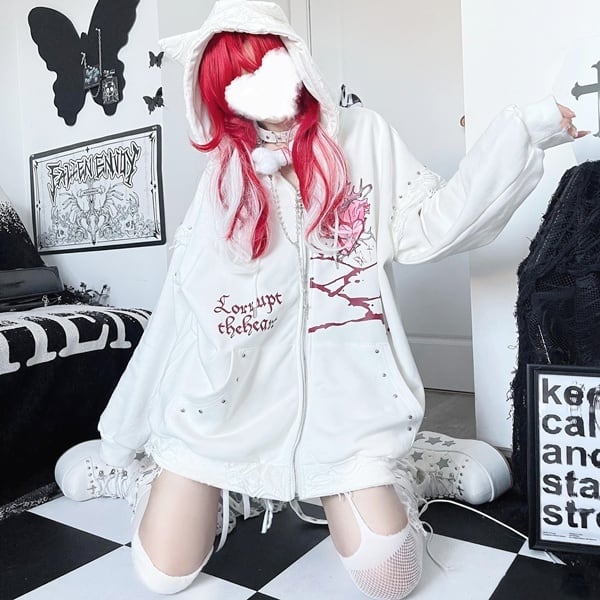 【新品】猫プリント ベーシストIKUO パーカー　L 猫耳パーカーアシンメトリーJSK ops003 | 可愛い服量産型服通販