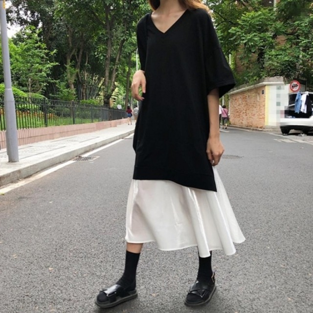 ワンピース ワンピ レディース 重ね着風 レイヤード Vネック 5分袖 ロング丈 Aラインワンピース モノクロ バイカラー 大きいサイズ 春夏 新作 春服 夏服 Sale ゆったり ワンピース ワンピ Leaflower 001 リーフラワー レディースファッション専門店 ワンピース ワンピ レディース 重ね着風 レイヤード Vネック 5分袖 ロング丈 Aラインワンピース モノクロ バイカラー 大きいサイズ 春夏 新作 春服 夏服 Sale ゆったり ワンピース ワンピ Leaflower 001 リーフラワー レディースファッション専門店