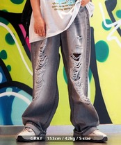 ＼SALE／◆ハードダメージ ワイドストレート デニムパンツ◆kr-23009