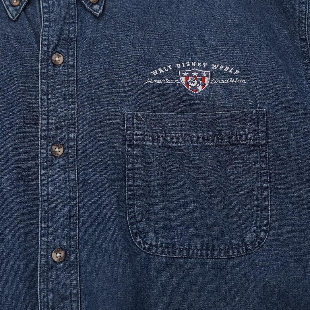 DISNEY ディズニー デニムシャツ 古着 ミッキー 刺繍 L 青 14427 | fuufu