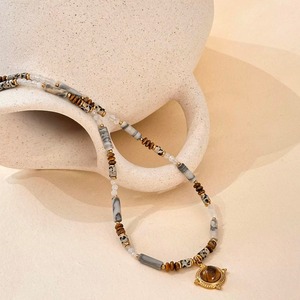 ハンドメイド グレーマーブル 琥珀風チャーム クラシック ネックレス