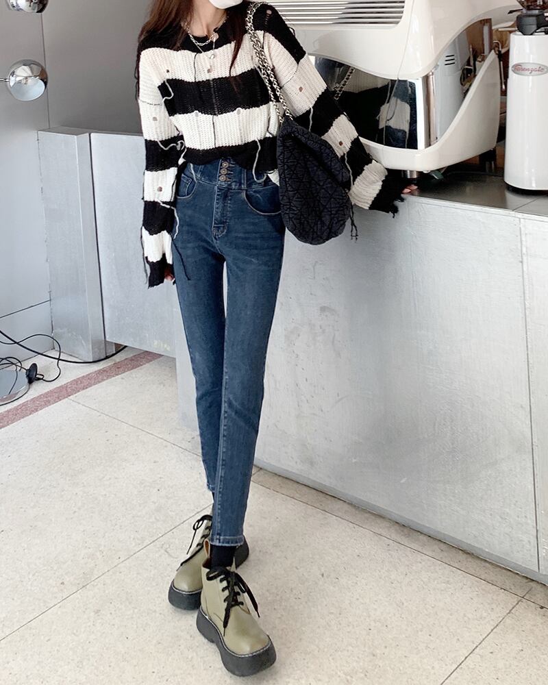 スリム薄手ハイウェストジーンズ スプリングオータムブルーパンツ 春物 秋物 モンロー40157953829