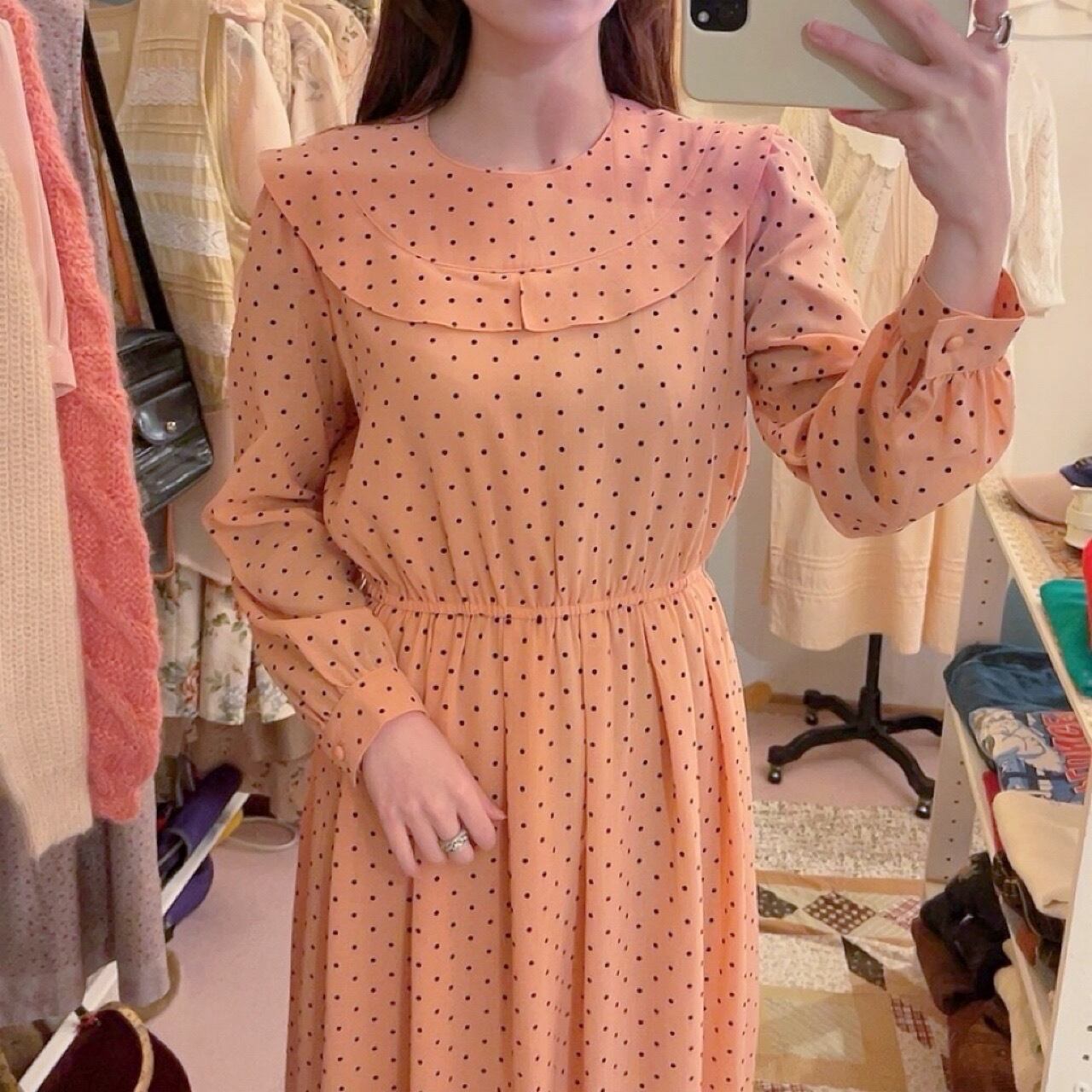 coral pink round frill dot one-piece