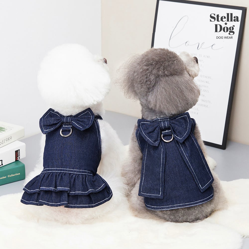 ★【閉店セール全品半額】デニムワンピース　リードリング付き　インディゴ　大きいサイズ有り　犬服　ドッグウェア　春夏