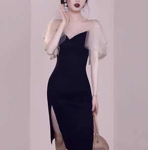 バイカラーチュールスリーブスリットドレス[sam042]