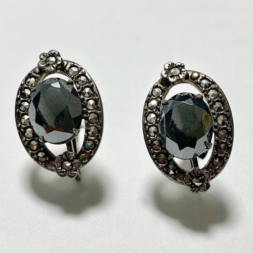 1920's 〜30's Antique Art Deco Sterling Hematite Marcasite Earrings