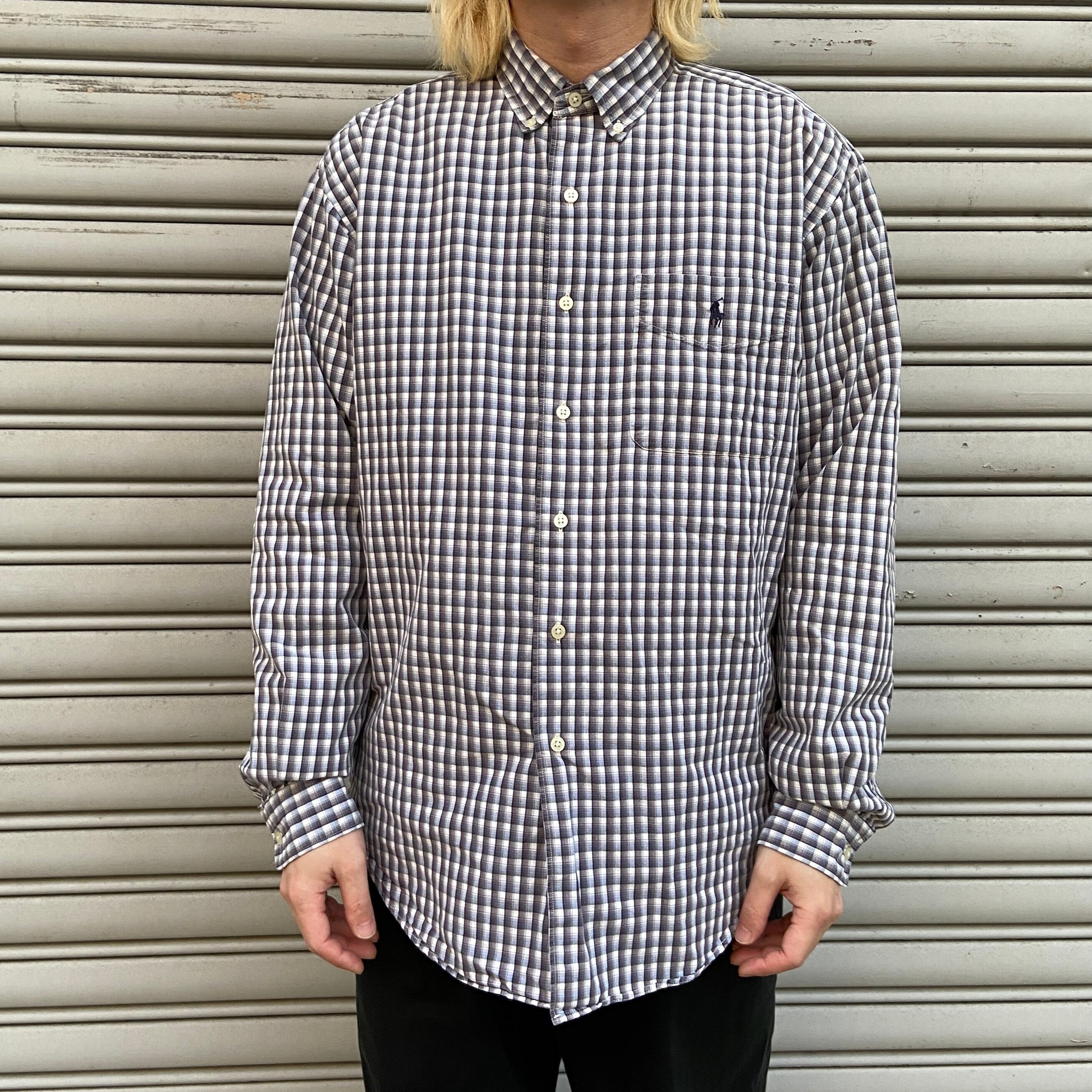90s ラルフローレン MARLOWE チェック柄シャツ ネイビー系 M ポケ付