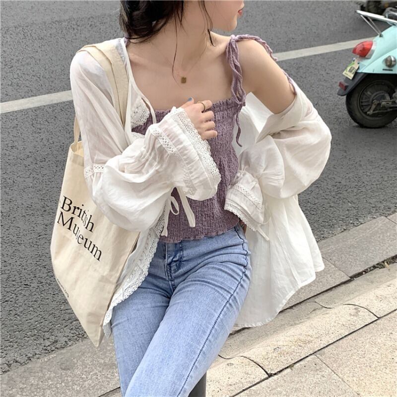 レースシャツ ホワイトジャケット サマールーズトップス ロング 夏物 レースアップ ブラックストロベリース28366551365