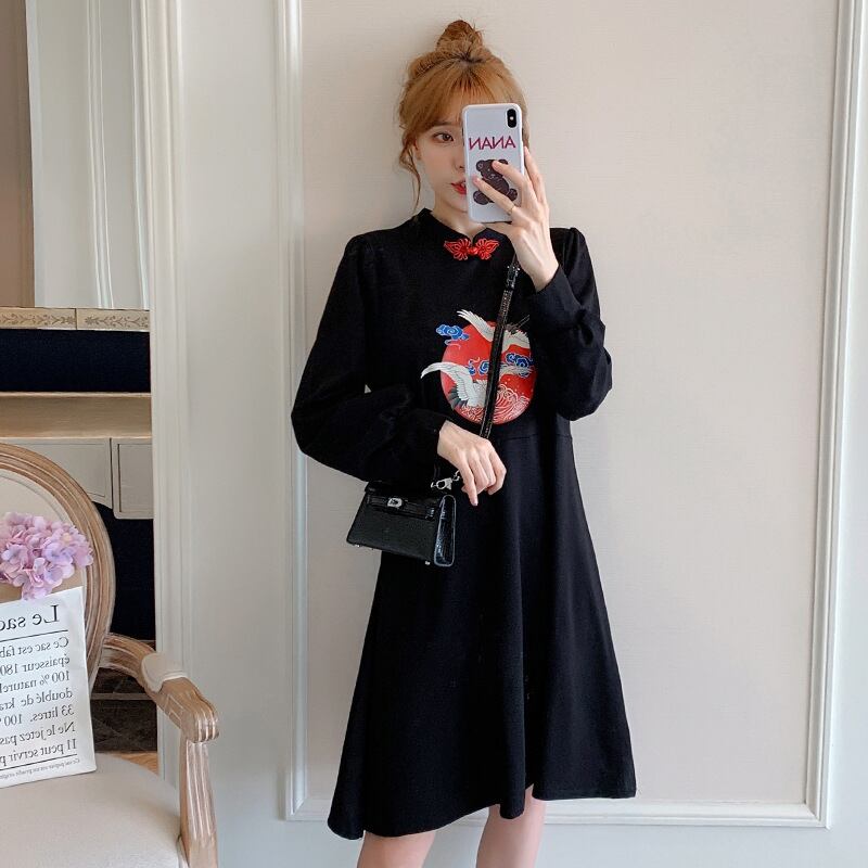 【新作】【送料無料】 マタニティウェア2020秋と冬の新しいプリントディスクボタンスタンドアップカラータイドマザーチャイナドレス年齢削減ミドル丈マタニティドレス-アリババ オータム 秋物 ウィンター 冬物 expec292072716220