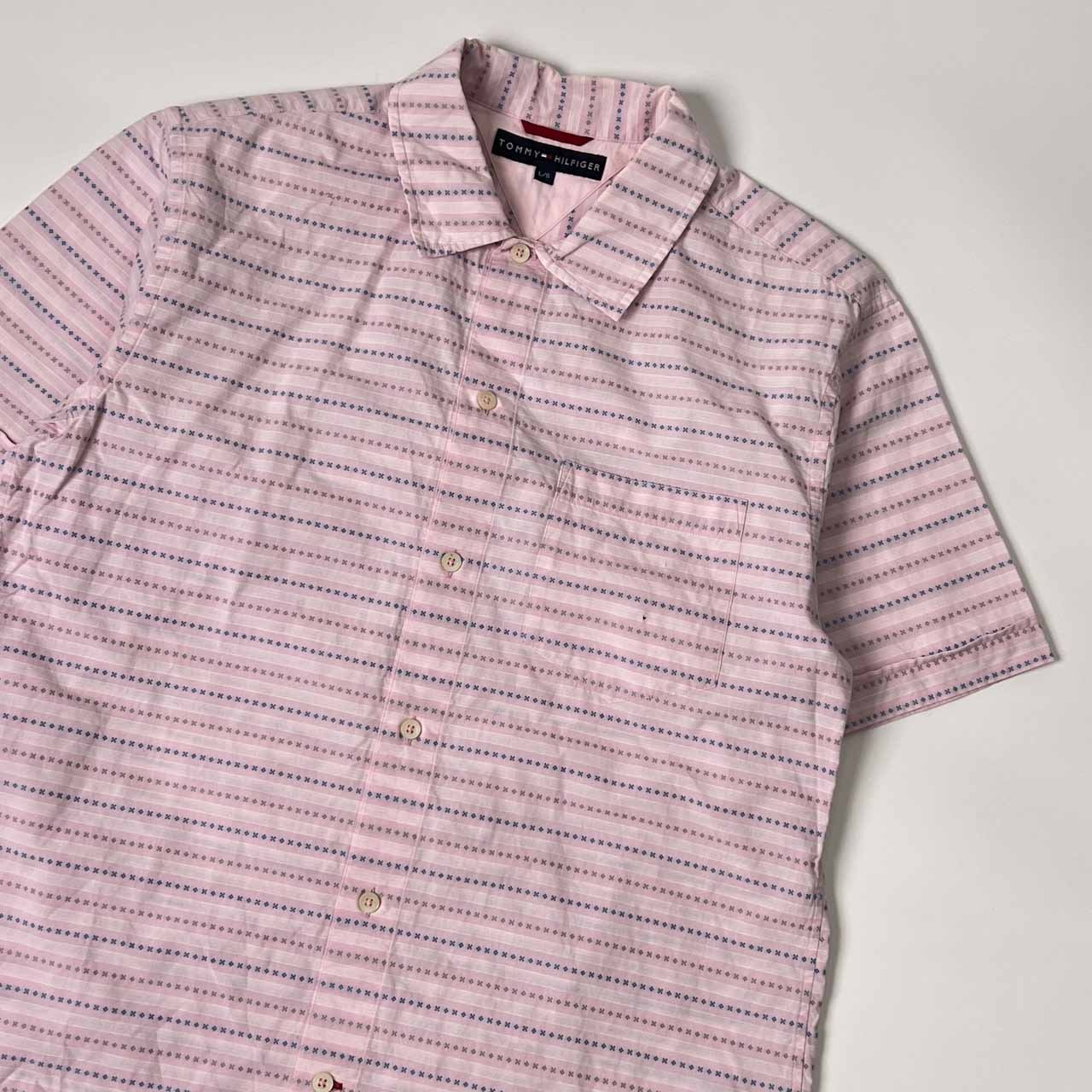 TOMMY HILFIGERトミー ヒルフィガ− ボーダー 半袖シャツ L/G /ピンク メンズ