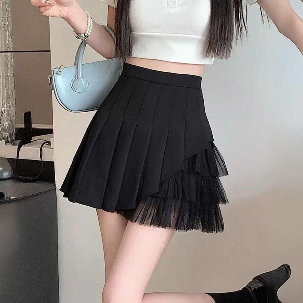 ミニスカート プリーツ チュール切り替え レディース 春夏 韓国 Aライン きれいめ 大人 かわいい ハイウエスト インナーパンツ付き レイヤード風 大人可愛い 大人女子