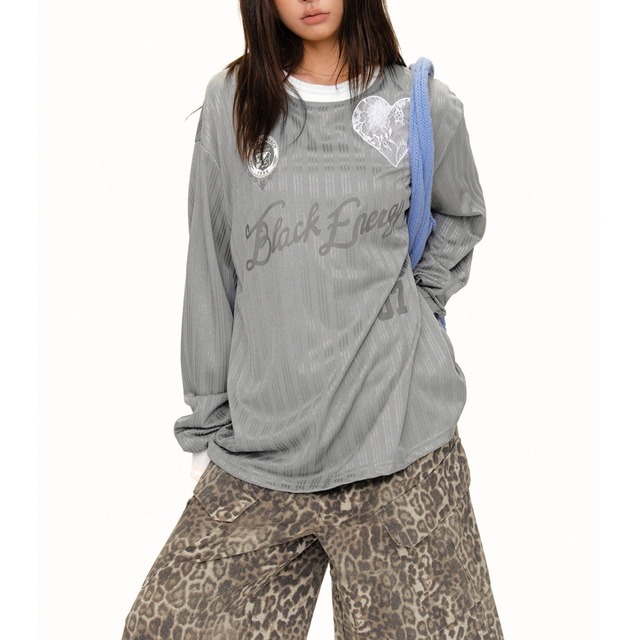 レトロレタリンググラフィックリブテクスチャーロングスリーブTシャツ 2col   R02559