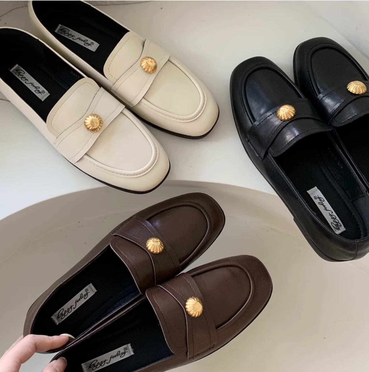 French retro soft leather thick heel gold buckle loafers