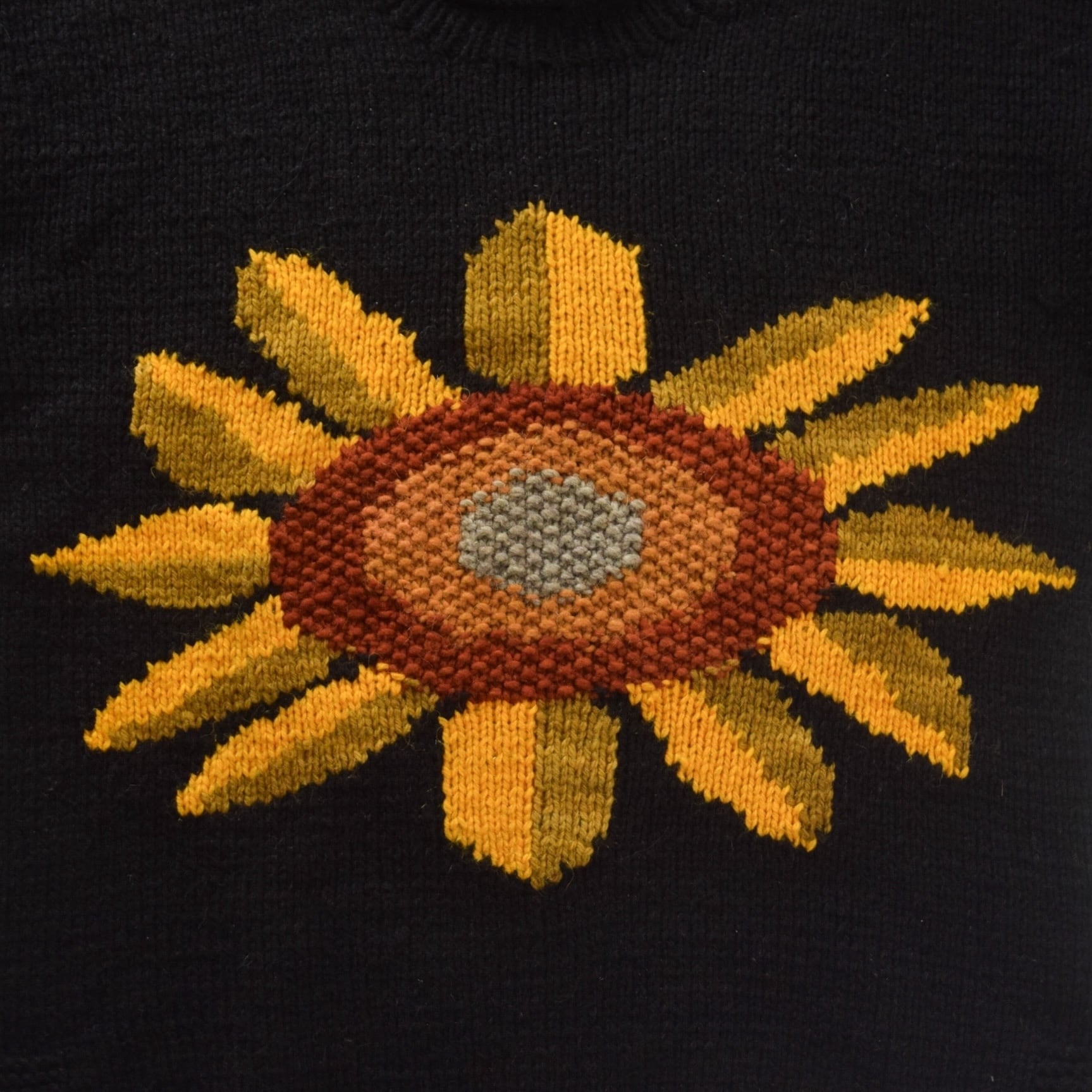 1980's Vintage Mock Neck Sun Flower Ecuador Knit Sweater XL Black / 80年代  ヴィンテージ エクアドルニット サンフラワーニットセーター 両面 ブラック ビンテージ 花柄 モックネック ヒマワリ