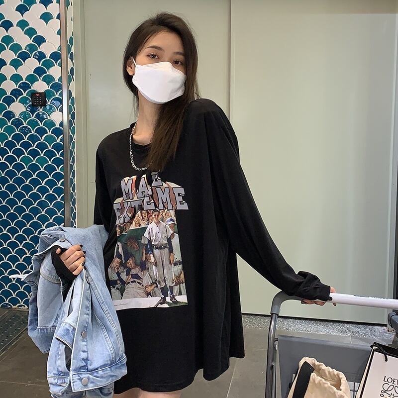 オータムスタンダードトップス ルーズプリントTシャツ ロング レトロ 秋物 モンロー91232855935