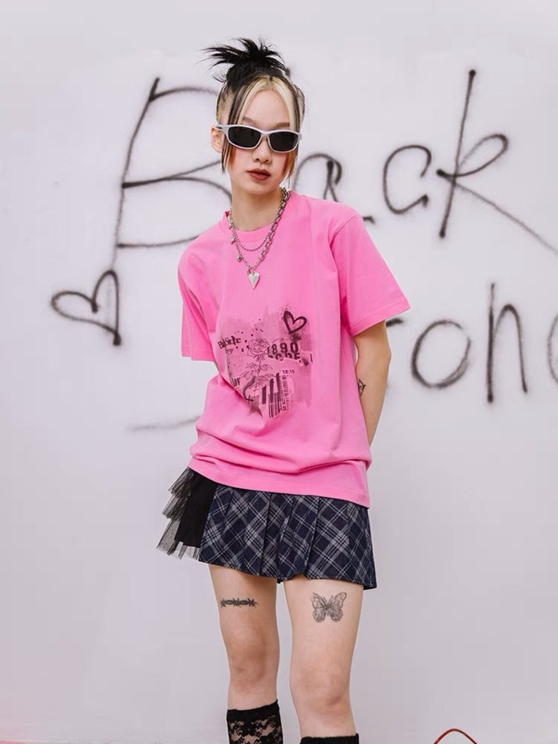 2カラー 】ピンク ホワイト 白 Tシャツ ロック トップス カジュアル 