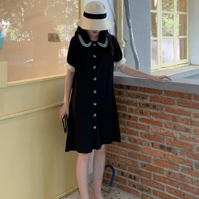 プラスサイズの女性の夏のルーズドールカラーカバーベリードレスファットシスターミドル丈の小さな半袖ベーススカート 大きめサイズ サマー 夏物 大きい服 大きいサイズ専門店 Rei